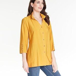 Multiples Women's Quarters Sleeve, Wire Collar Y-Neck, in Amber Size: M